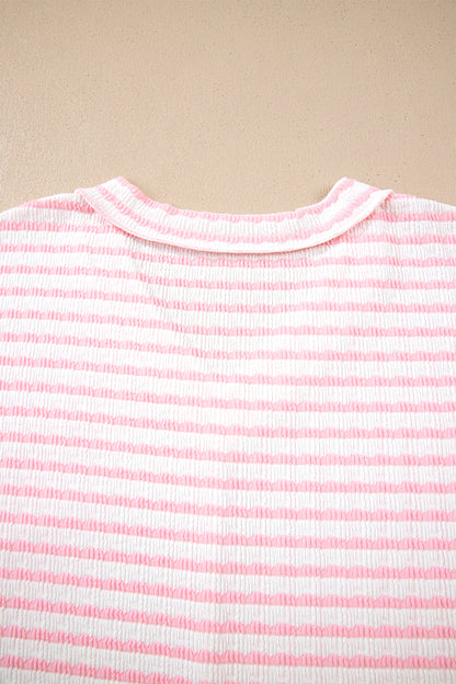 Pink Stripe Plus Size V Neck Exposed Seam Patchwork T Shirt
