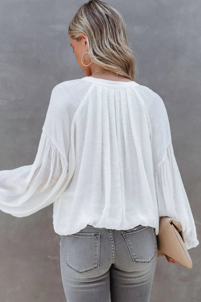 White Solid Color V Neck Balloon Sleeve Shirt - Chic Meadow Boutique 