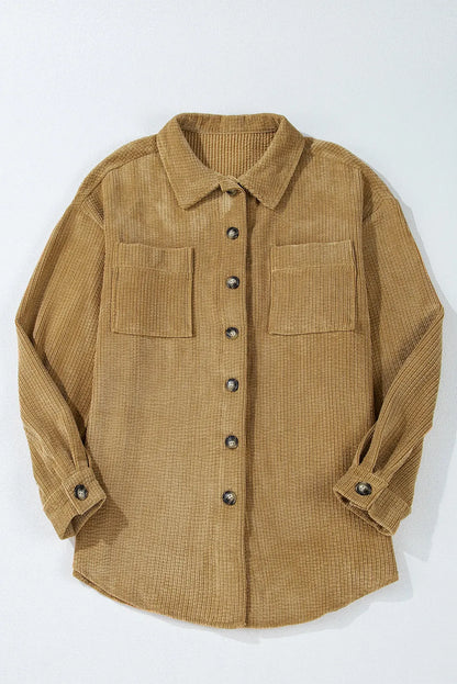 Light French Beige Patched Pocket Button Up Corduroy Shacket - Chic Meadow Boutique 