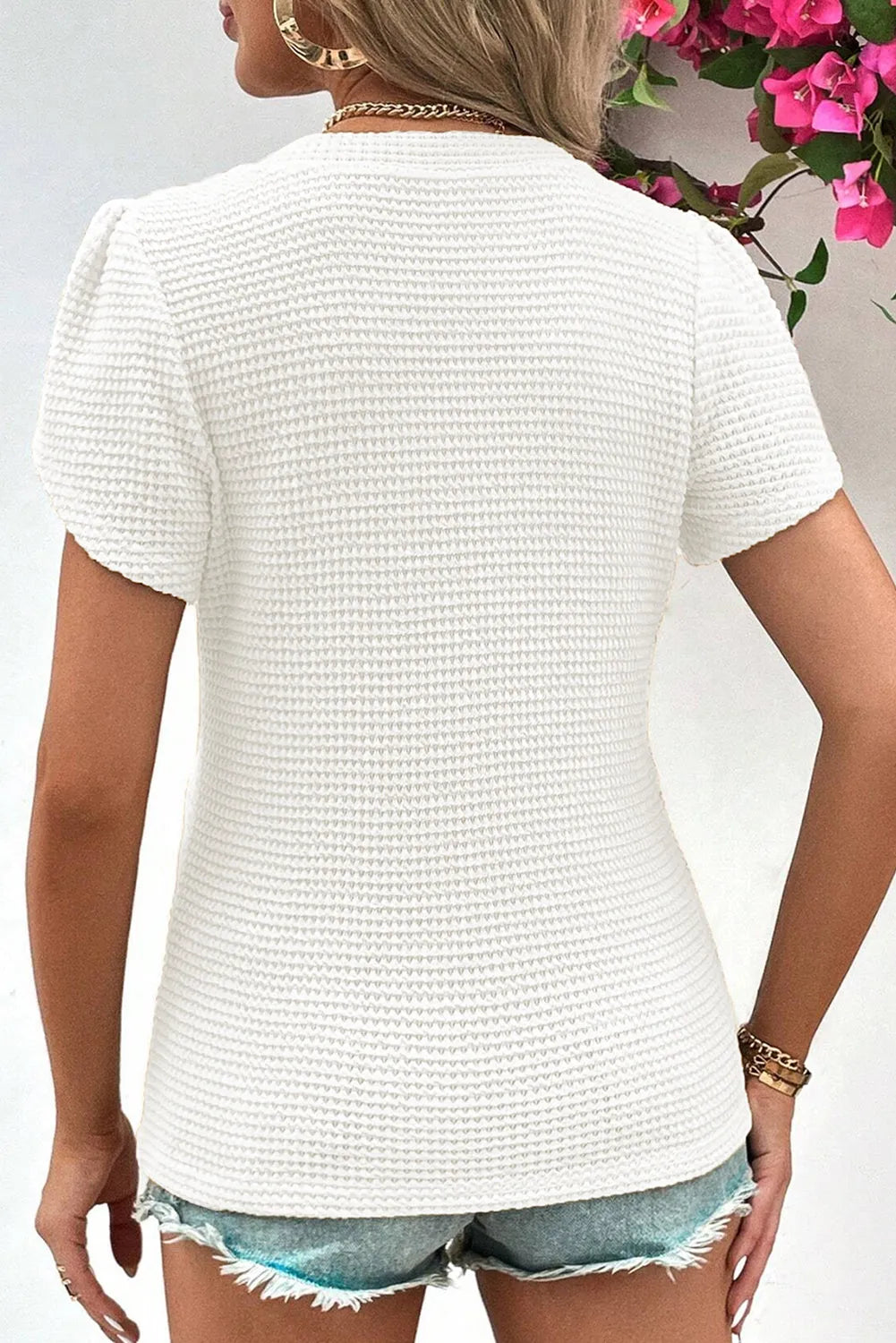 White V Neck Petal Sleeve Waffle Knit T-Shirt - Chic Meadow Boutique 