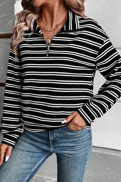 Black Stripe Textured Quarter Zip Collar Long Sleeve Top - Chic Meadow Boutique 