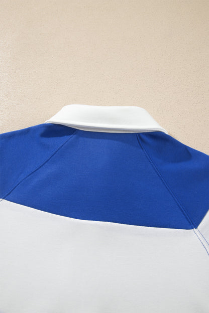 Dark Blue Striped Color Block Button V Neck Puff Sleeve Casual Sweatshirt