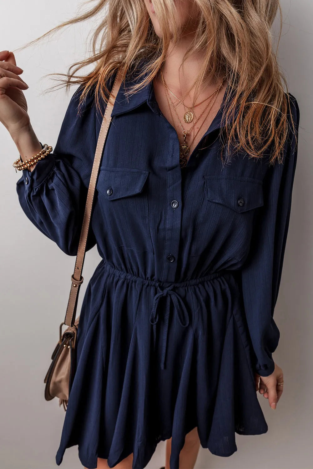 Navy Blue Solid Chest Pockets Tunic Shirt Mini Dress - Chic Meadow Boutique 