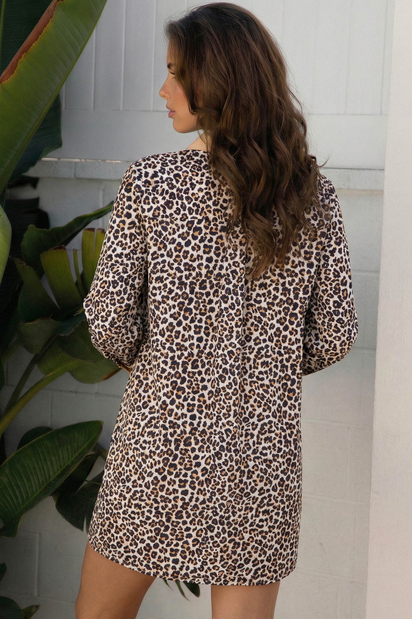Khaki Button Striped Collar Leopard Print Long Sleeve Flared Dress