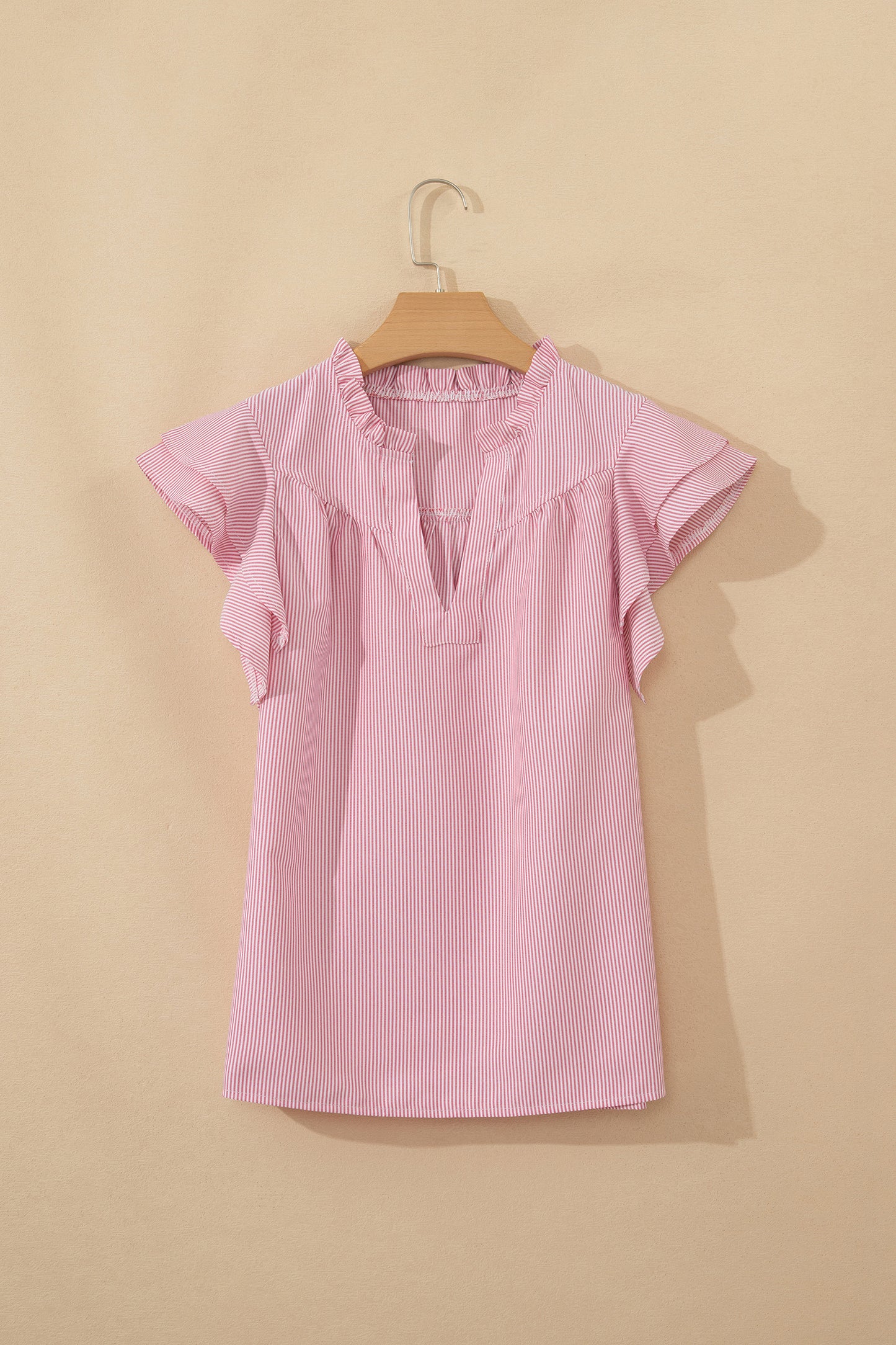 Red Stripe Frilly Split Neck Double Ruffled Short Sleeve Blouse