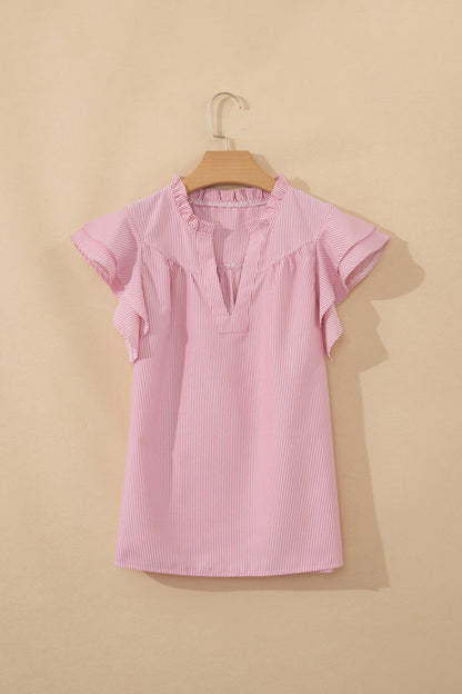 Red Stripe Frilly Split Neck Double Ruffled Short Sleeve Blouse