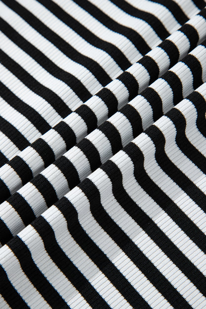 Black Stripe Ribbed Cap Sleeve Round Neck T Shirt
