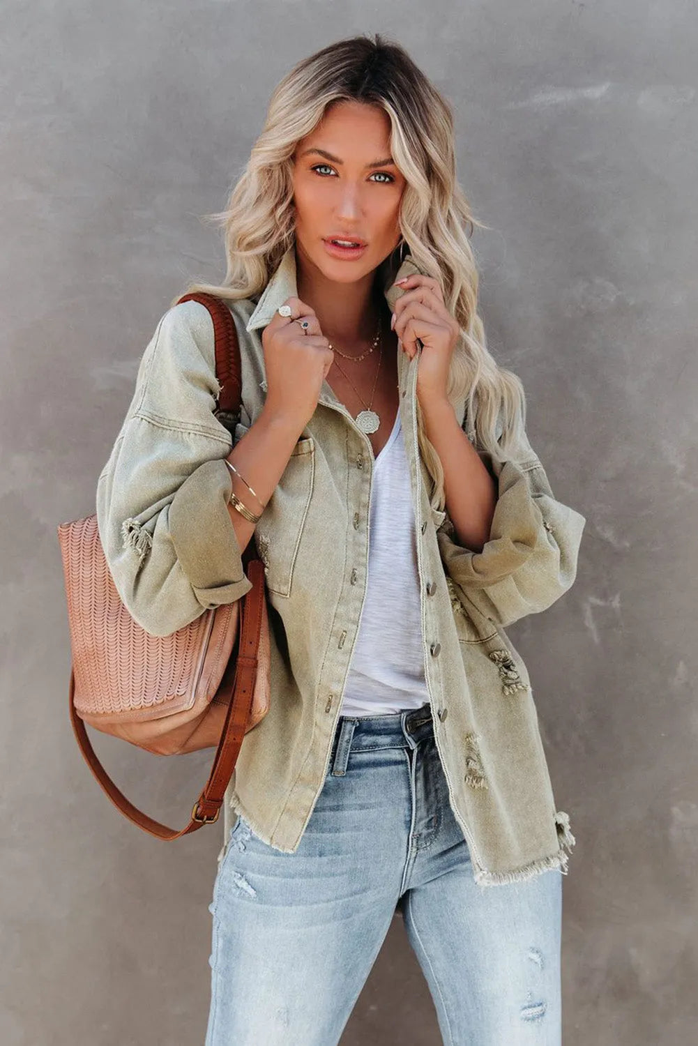 Green Distressed Fringe Trim Denim Jacket - Chic Meadow Boutique 