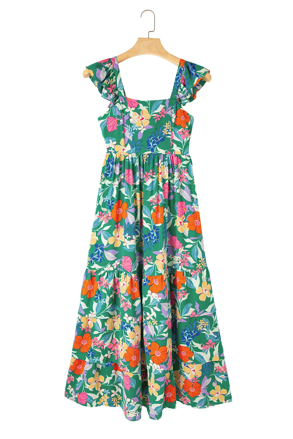 Green Floral Print Sleeveless Ruffle Tiered Maxi Dress - Chic Meadow Boutique 