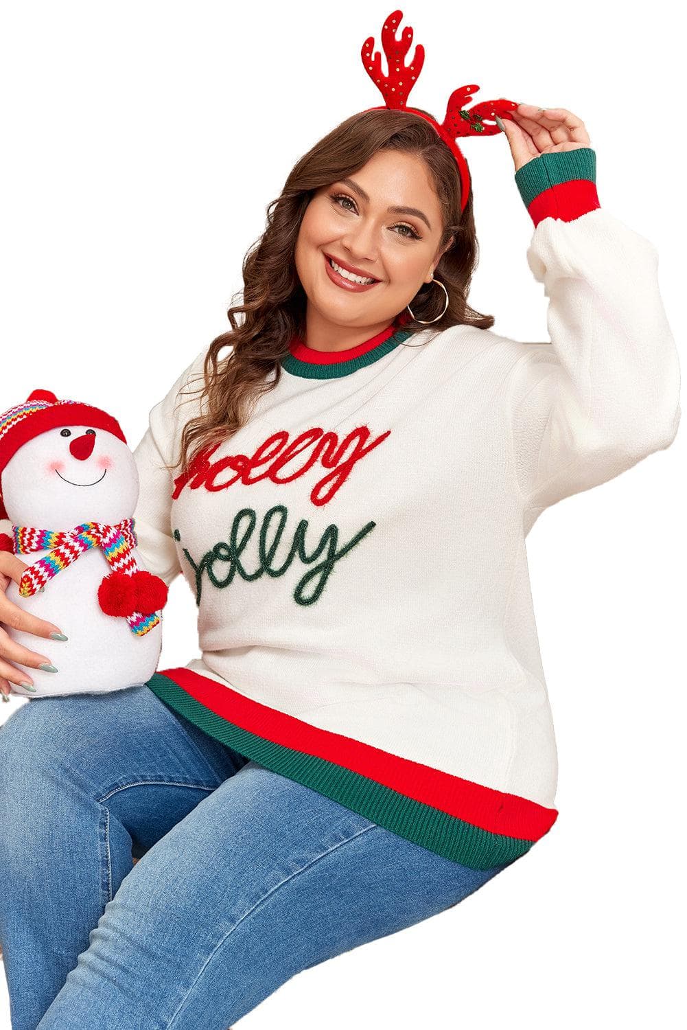 Plus Size/Plus Size Sweaters & Cardigans White Tinsel holly jolly Pattern Colorblock Edge Drop Shoulder Plus Size Sweater