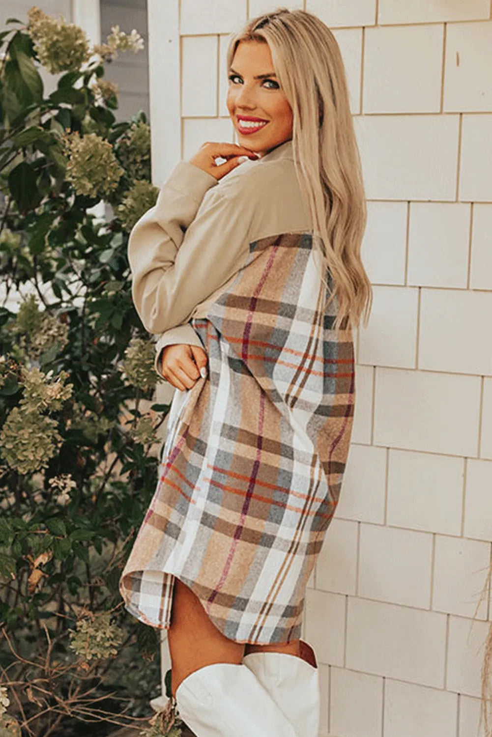 Khaki Plaid Patchwork Long Sleeve Shirt Mini Dress - Chic Meadow Boutique 