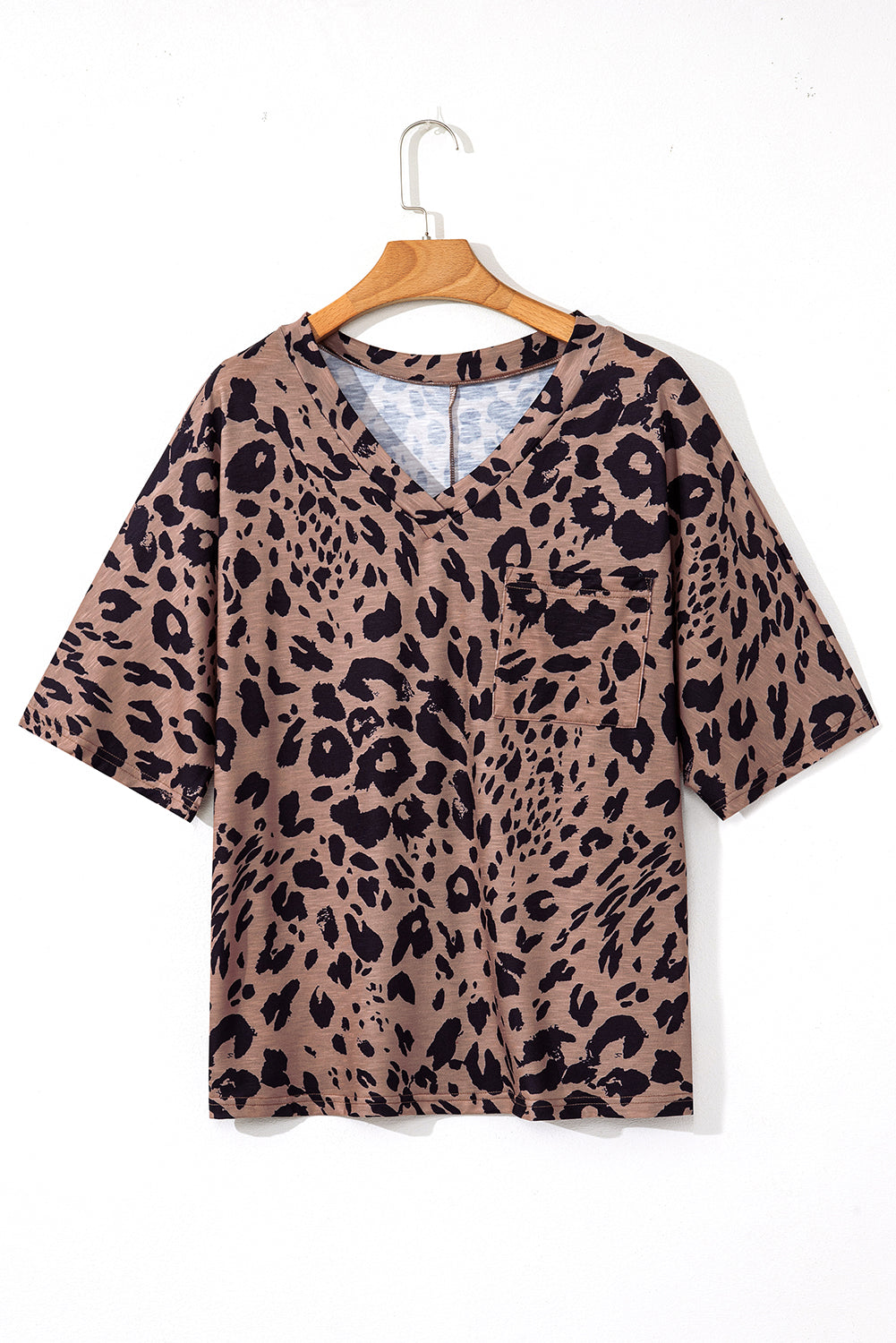 Brown Leopard Print V Neck Half Sleeve Oversized Tee