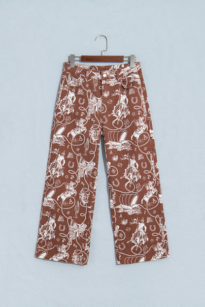 Brown Western Print Casual Shift Jeans