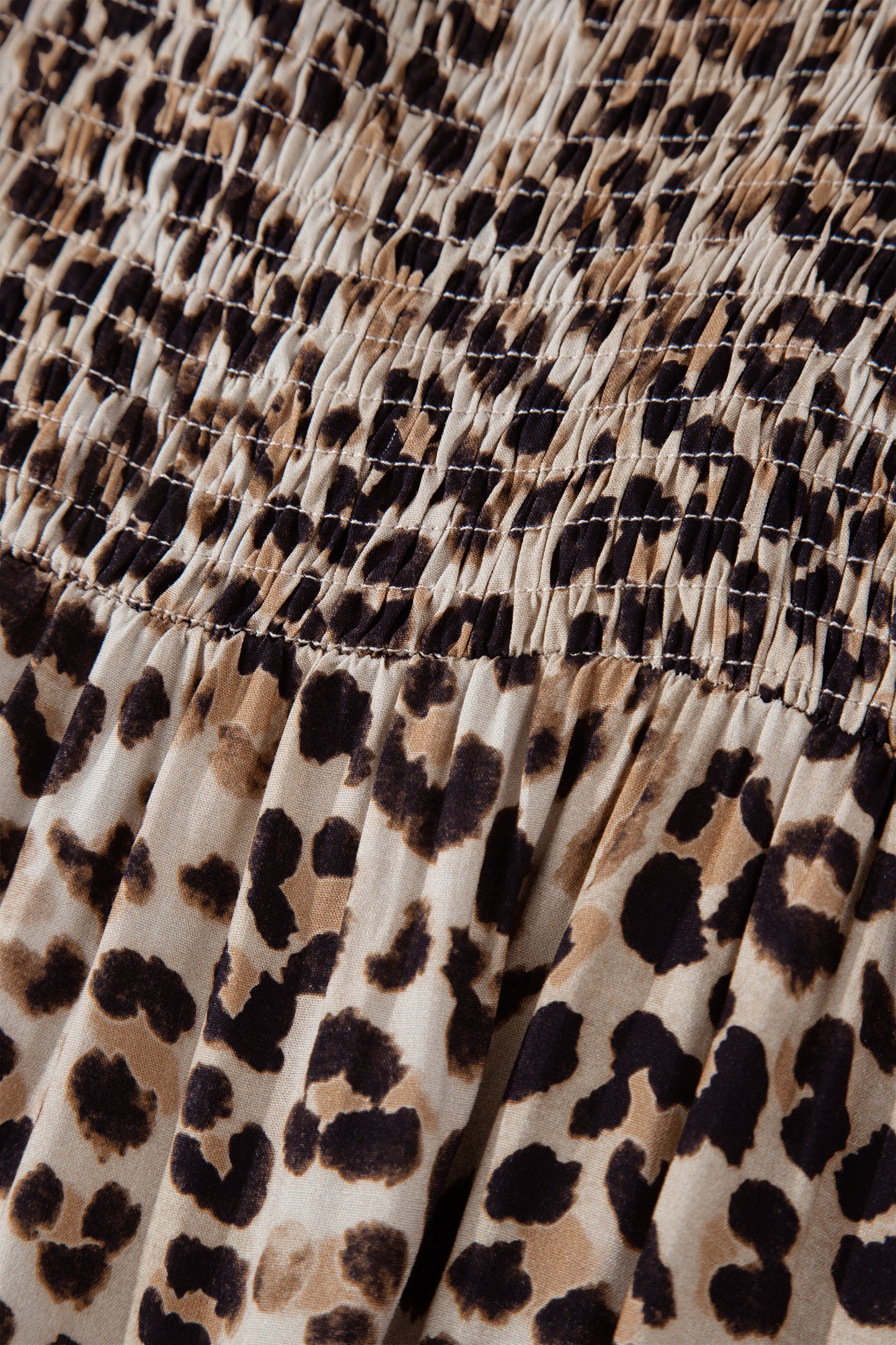 Brown Ruffled Straps Smocked Tiered Leopard Maxi Dress