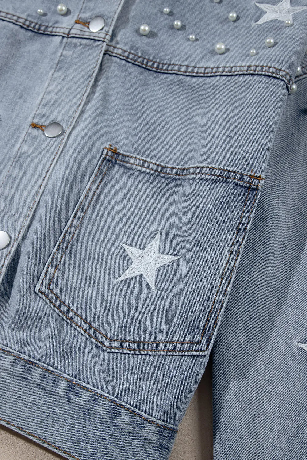 Sky Blue Distressed Pearls Star Cropped Denim Jacket - Chic Meadow Boutique 