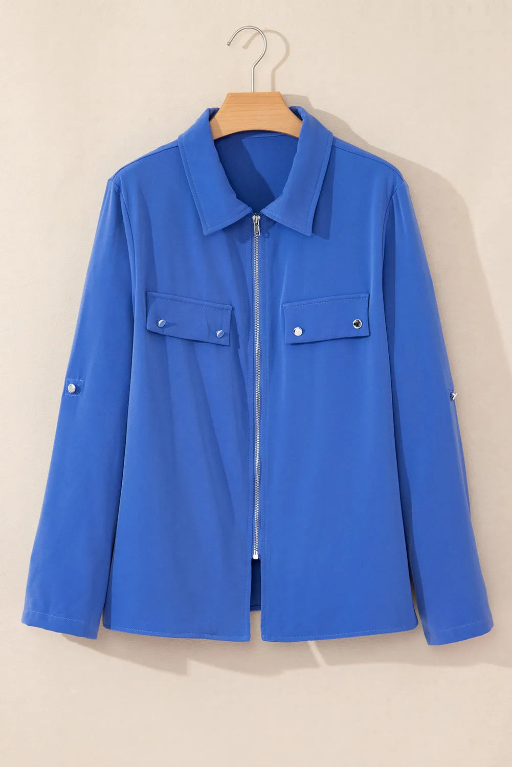 Dusk Blue Collar Tab Sleeve Zip Up Flap Detail Jacket - Chic Meadow Boutique 