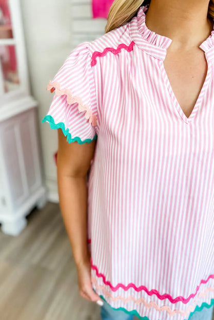 Pink Stripe Ricrac Trim Split Neck Striped Ruffled Sleeve Blouse - Chic Meadow Boutique 