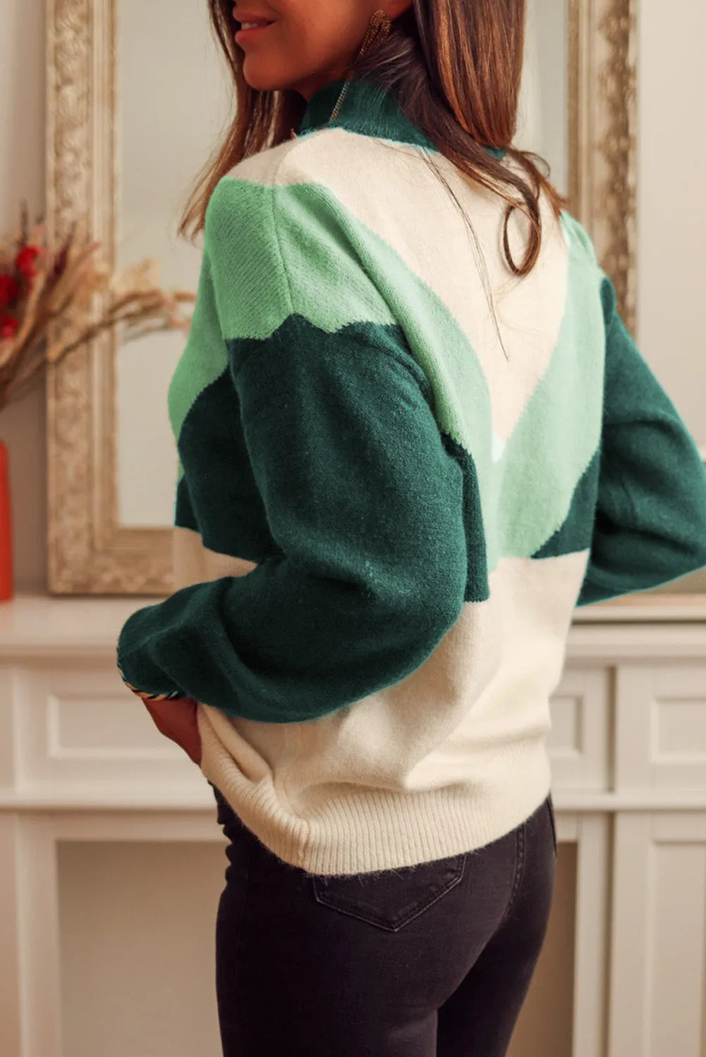 Green Geometric Color Block Knit Button V Neck Sweater - Chic Meadow Boutique 