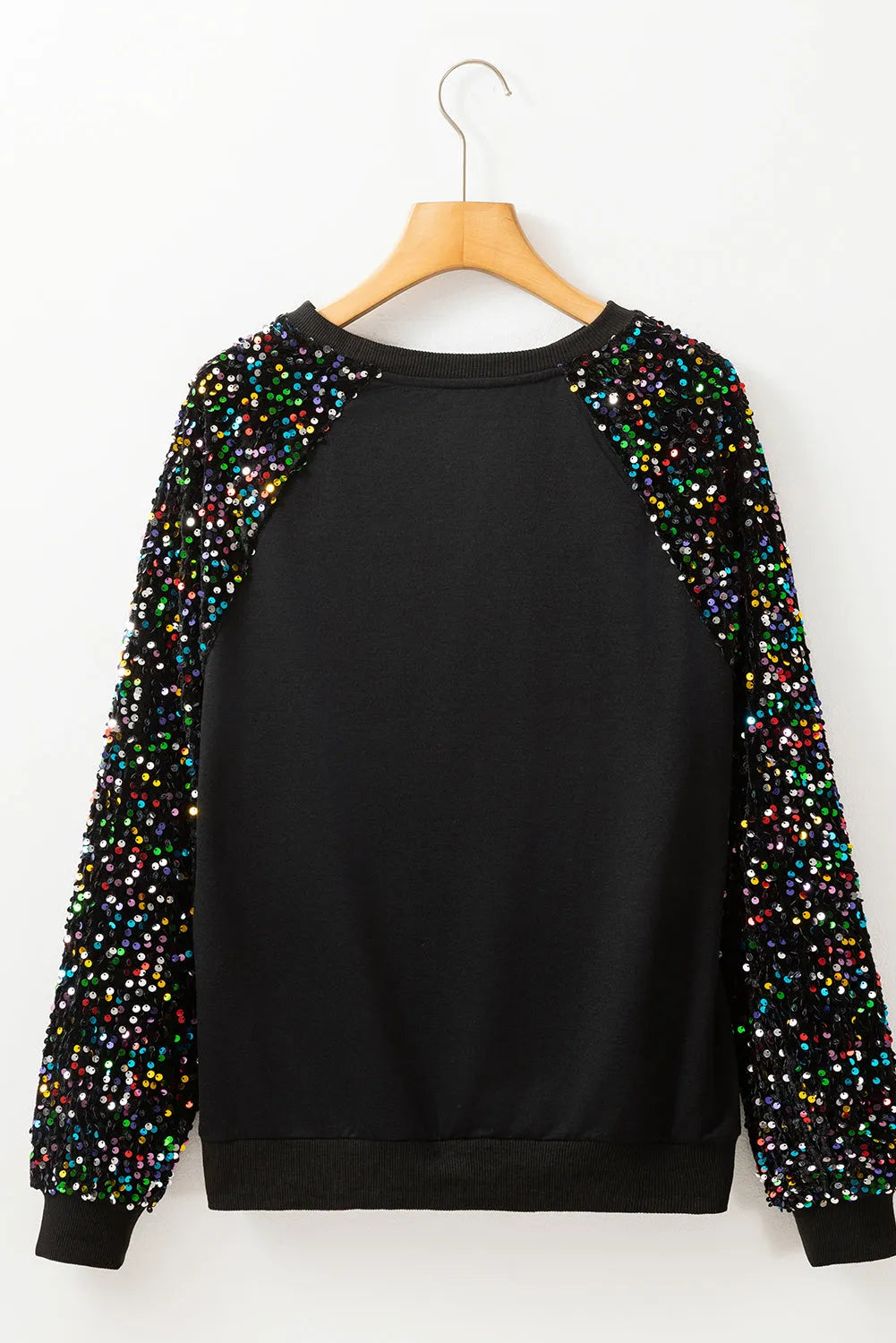 Black Sequin Raglan Sleeve Crewneck Pullover Sweatshirt - Chic Meadow Boutique 