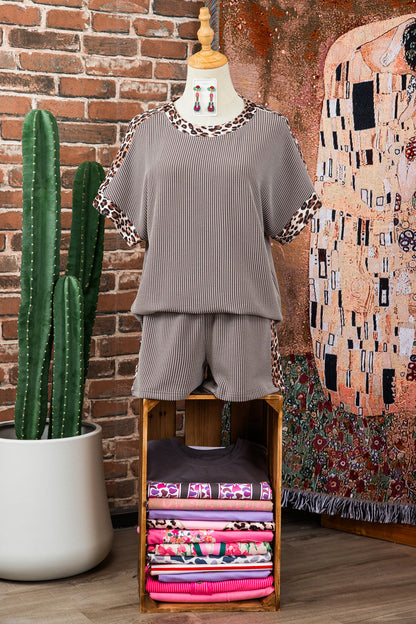 Light Grey Leopard Trim Twist Ribbed Short Set