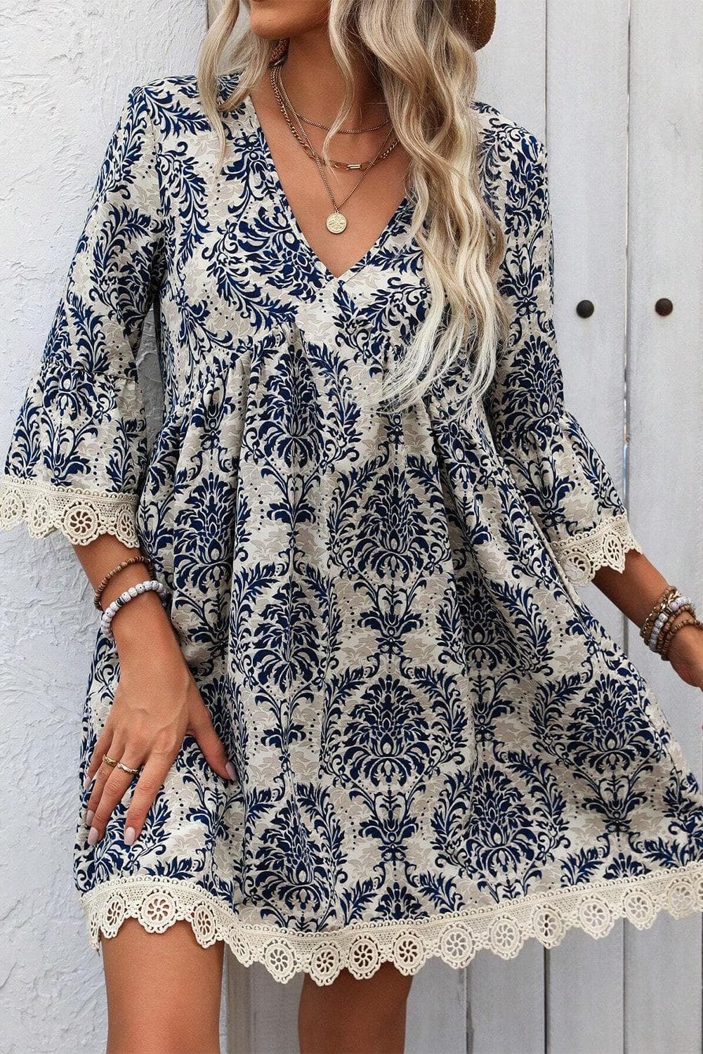 Dresses/Mini Dresses Sky Blue Vintage Printed Lace Trim V Neck 3/4 Sleeve Loose Dress