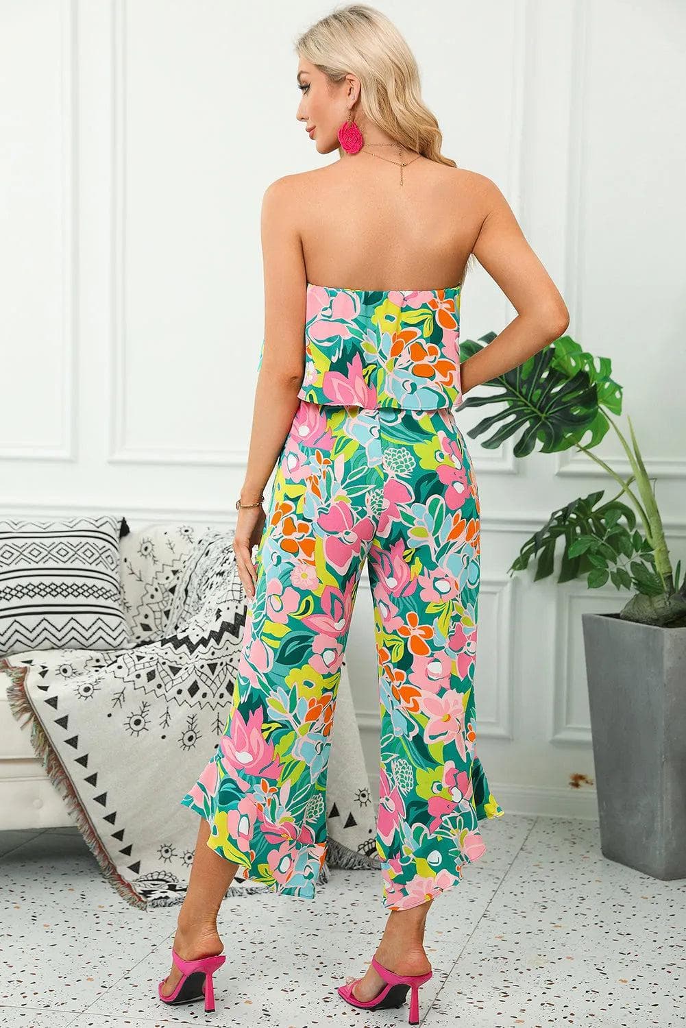 Bottoms/Jumpsuits & Rompers Green Mix Tropical Print Strapless Ruffled Jumpsuit