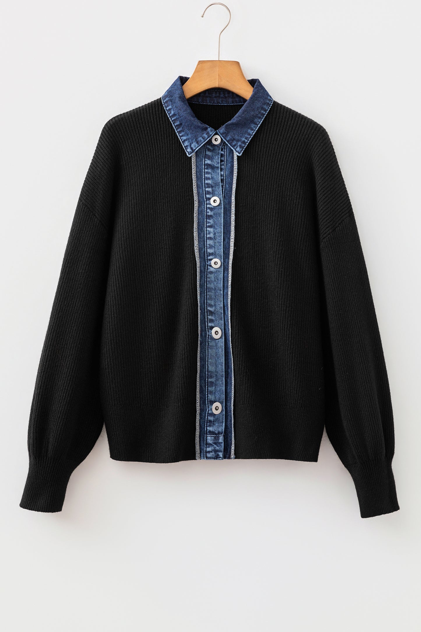 Color black Drop Shoulder Placket Paneling Shirt Collar Long Sleeve Cardigan