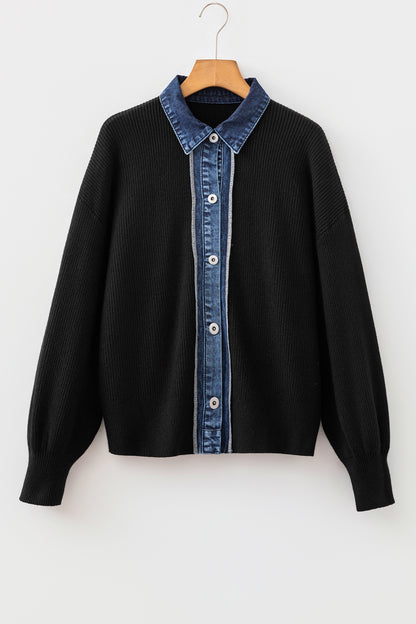 Color black Drop Shoulder Placket Paneling Shirt Collar Long Sleeve Cardigan