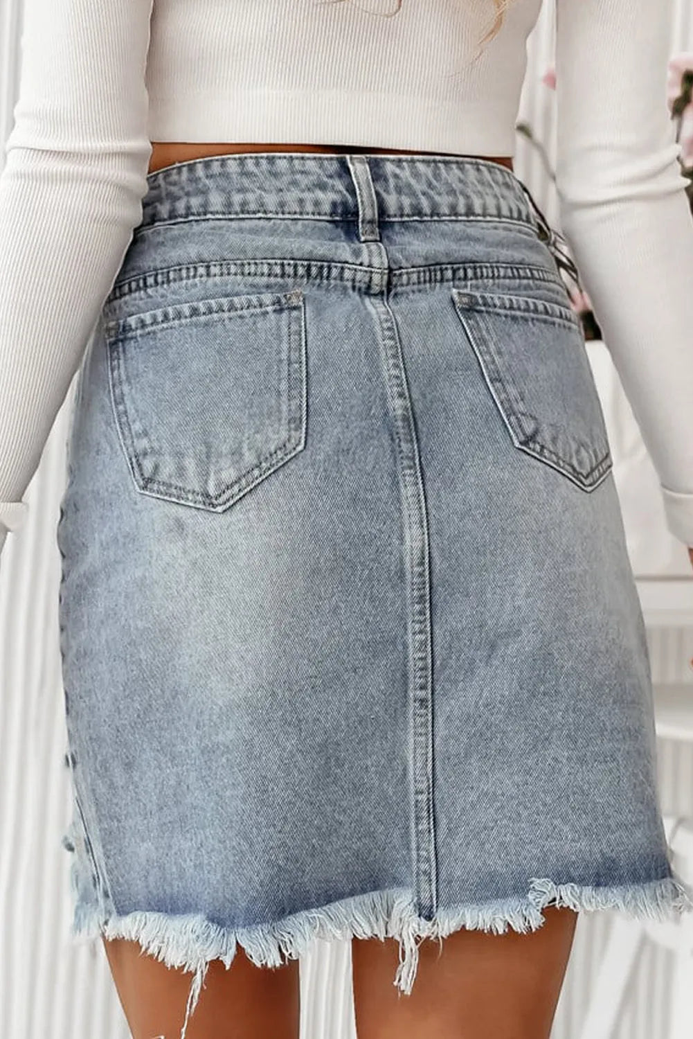 Beau Blue Shimmer Heart Pattern Distressed Denim Mini Skirt - Chic Meadow Boutique 