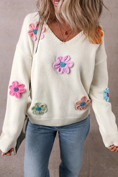 White Crochet Flower V Neck Sweater - Chic Meadow Boutique 