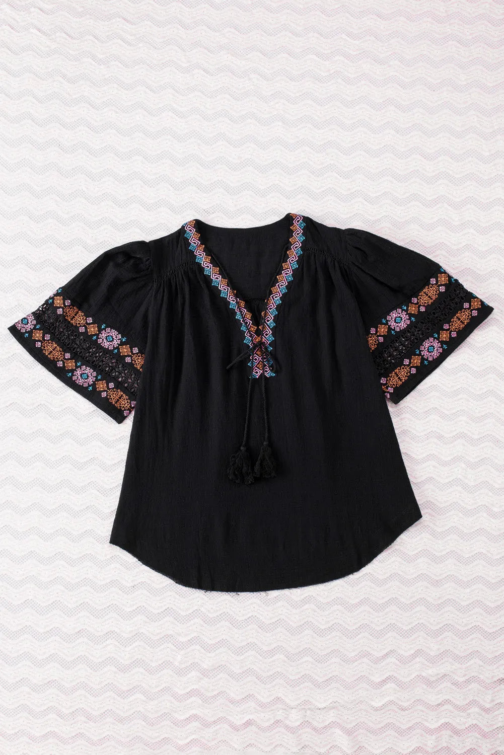 Black Tassel Drawstring Embroidered Half Sleeve V Neck Top - Chic Meadow Boutique 