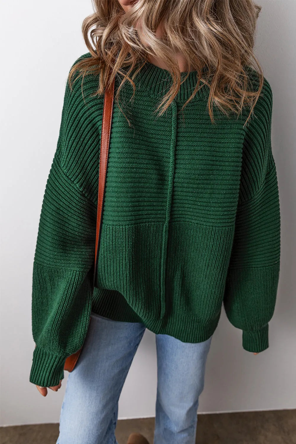 Blackish Green Textured Knit Crewneck Lantern Sleeve Sweater - Chic Meadow Boutique 