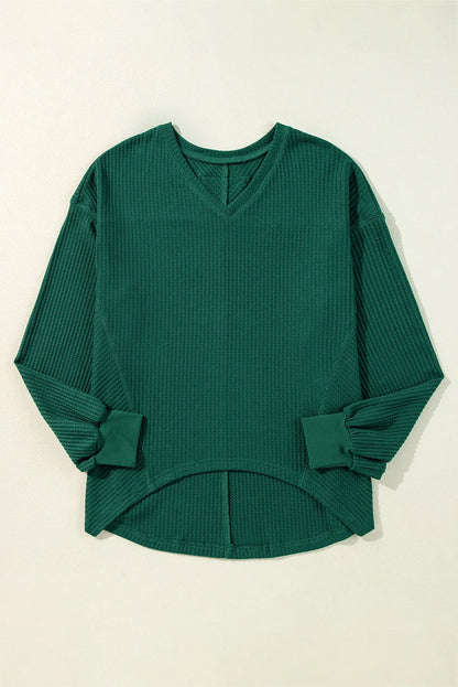 Blackish Green Waffle V Neck Long Sleeve Drop Shoulder Loose Blouse - Chic Meadow Boutique 