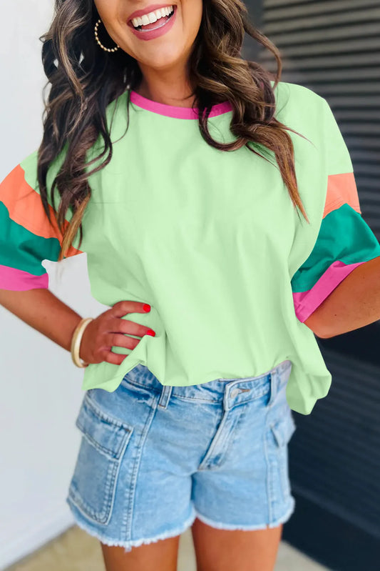 Green Color Block Stitching Sleeve Round Neck Oversize Top - Chic Meadow Boutique 