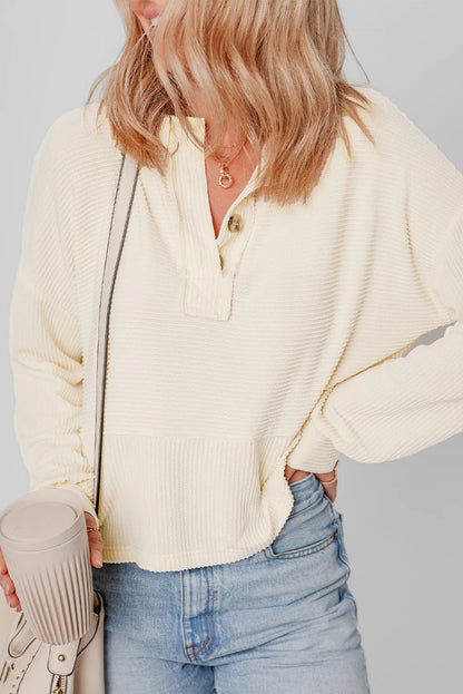 Apricot Corded Texture Lantern Sleeve Buttons Henley Sweatshirt - Chic Meadow Boutique 