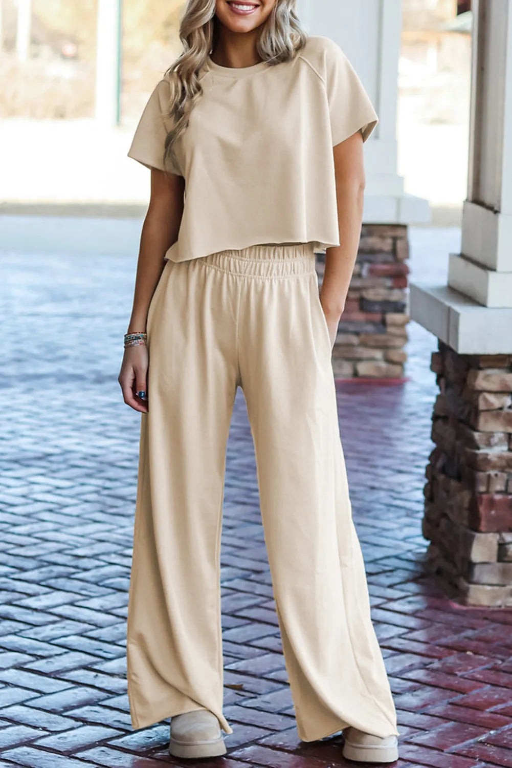 White Raw Hem Loose Tee and Wide Leg Pants Set - Chic Meadow Boutique 