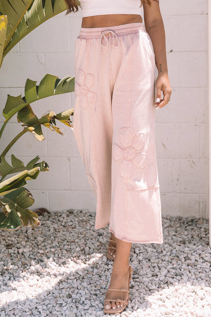 Pink Flower Patch Mineral Washed Terry Knit Cropped Wide Leg Pants