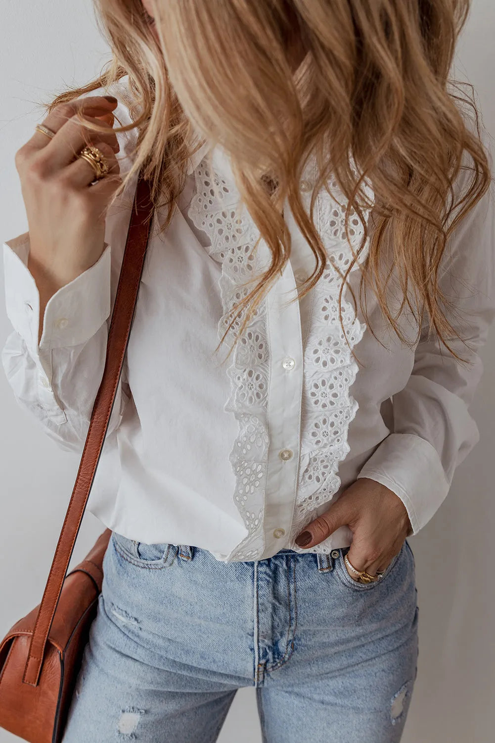 White Lace Crochet Trim Turn Down Collar Buttoned Shirt - Chic Meadow Boutique 