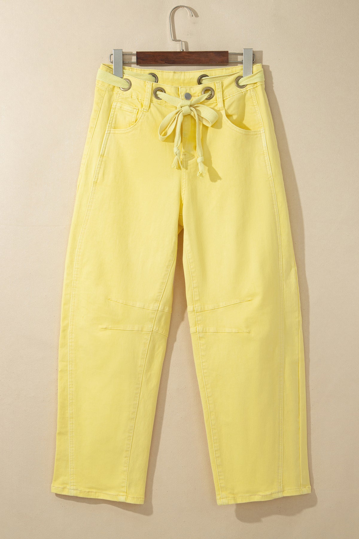Yellow Solid Color Grommet Detail Knot Waist Barrel Jeans