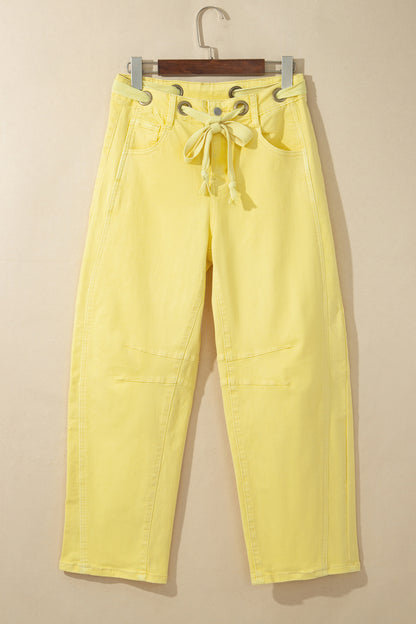 Yellow Solid Color Grommet Detail Knot Waist Barrel Jeans