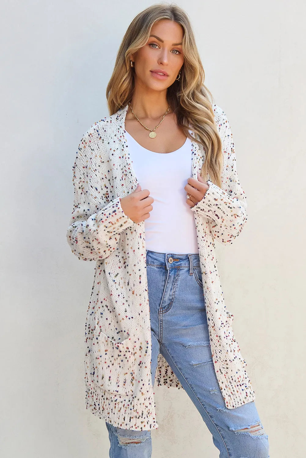 White Multicolor Dotted Rib Knit Long Sleeve Cardigan - Chic Meadow Boutique 