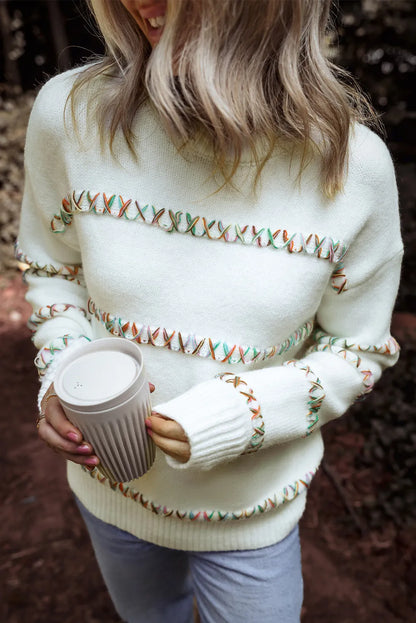 White Colorful Crossed Stitch Drop Shoulder Sweater - Chic Meadow Boutique 