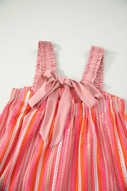 Pink Stripe Ruffled Straps Ribbon Knot Flowy Vacation Maxi Dress