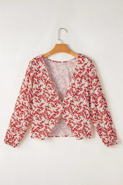 Red Floral Print Long Sleeve Open Back Blouse - Chic Meadow Boutique 