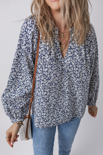 Blue Floral Print Notched V Neck Puff Sleeve Blouse