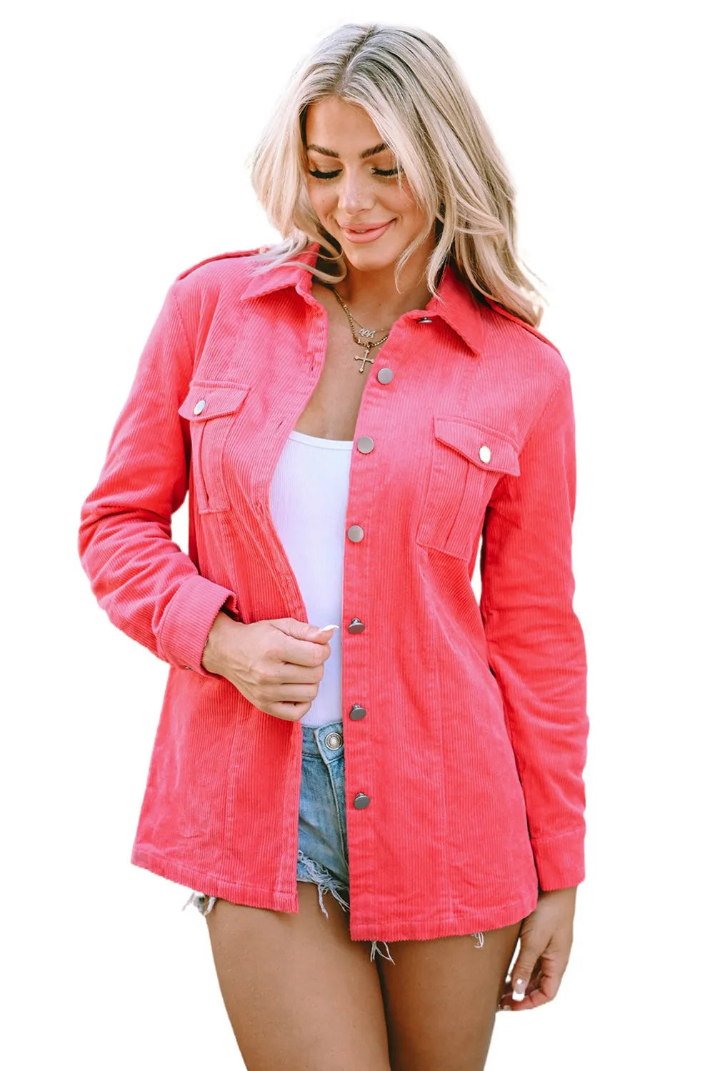 Pink Buttoned Flap Pocket Corduroy Jacket - Chic Meadow Boutique 