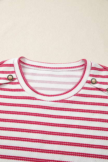 Red Stripe Textured Knit Button Detail Short Sleeve Casual Tee