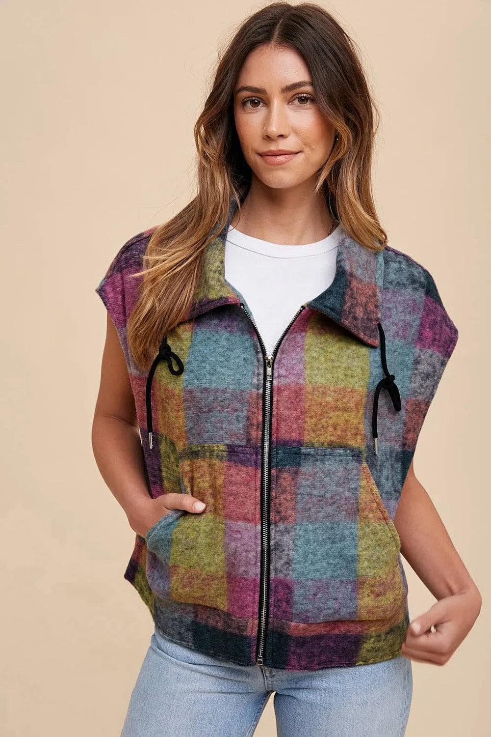 Outerwear/Vests Multicolor Plaid Print Side Pockets Zipped Loose Vest