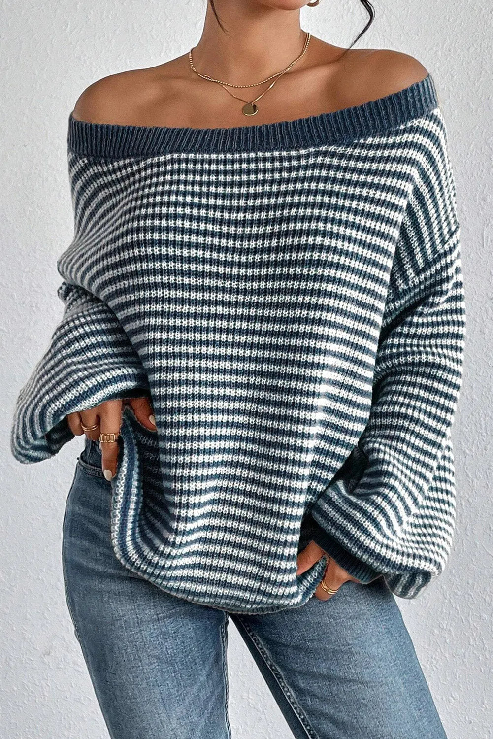 Sweaters & Cardigans/Sweaters Sail Blue Striped Lantern Sleeve Drop Shoulder Cozy Sweater