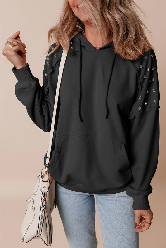 Black Solid Color Rivet Stud Raglan Sleeve Hoodie with Pocket - Chic Meadow Boutique 